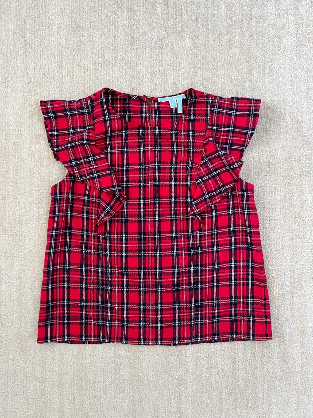 Draper James Red Tartan Plaid Ruffle Flutter Sleeve Top Blouse Holiday 12